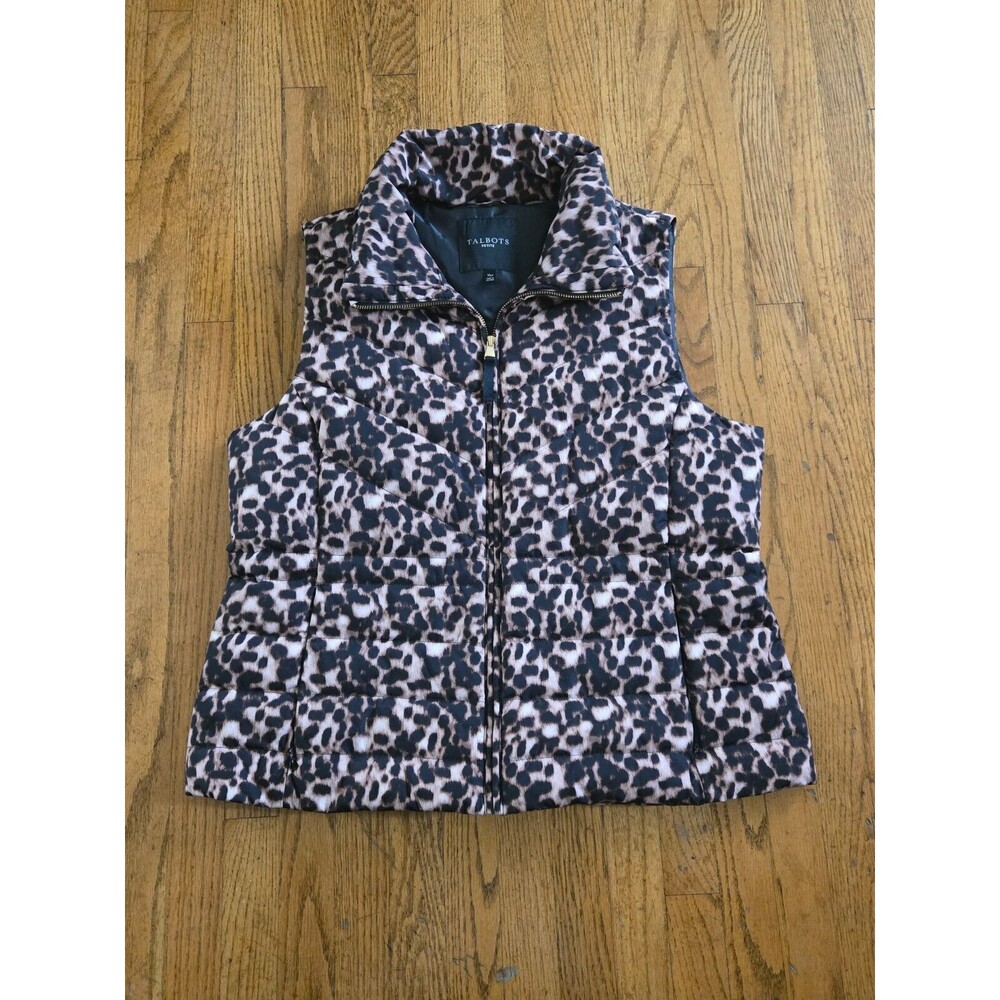 Talbots Women's Down Filled Puffer Vest Size XLP Leopard Print Full Zip